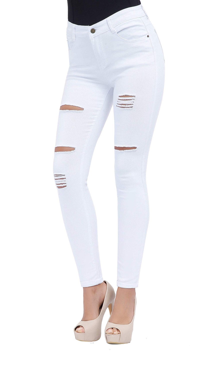 Skirt BL Women's High Waisted Stretch Ripped Skinny Jeans Juniors Destroyed Butt Lifting Denim Pants (White, US 6) - Image 3